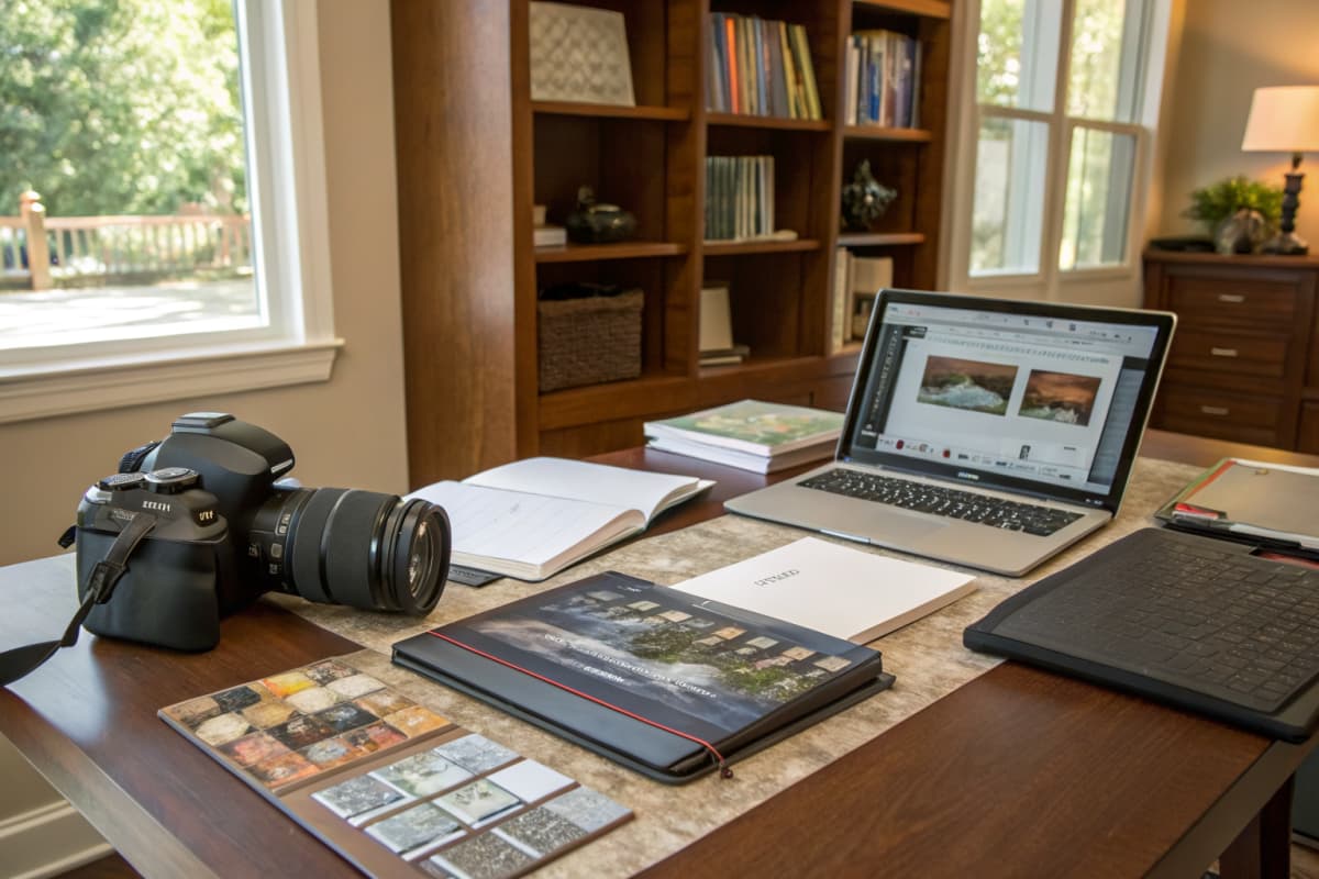 Professional contractor home office with laptop, project folders, and material samples
