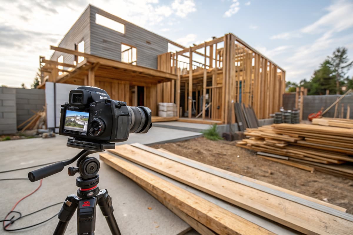 Active home renovation job site with lumber framing and construction materials