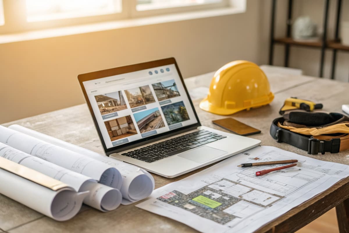 Contractor laptop showing a professional remodeling portfolio website with blueprints and tools